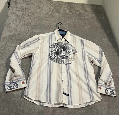English Laundry Shirt Mens XL White Blue Striped Embroidered Dragon Button Up - image 1 of 4