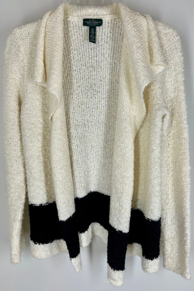 Cardigã suéter Ralph Lauren LRL PS S listra preta creme texturizado frente aberta - Imagem 1 de 4