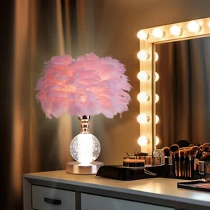 Pink Feather Lamp,Table Lamp for Girls' Bedroom Decor - 3 Color Dimmable Desk - Picture 1 of 6