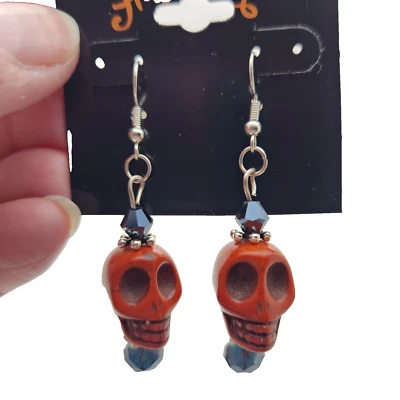 PENDIENTES CALAVERA JASPE ROJO HALLOWEEN ESQUELETO PLATEADO CON CRISTALES AZULES PUNK Foto 1 de 3