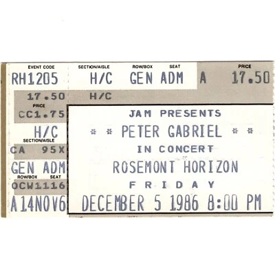 PETER GABRIEL Concert Ticket Stub CHICAGO 12/5/86 ROSEMONT GENESIS SO TOUR Rare - Image 1 of 2