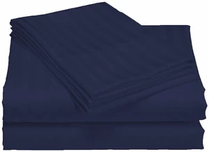 100% Egyptian Cotton 600-TC King Deep Pocket Sheet Set Navy Blue Stripe - Picture 1 of 1