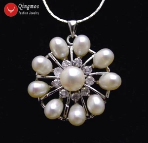 32mm Flower 6-7mm White Rice Pearl Pendant Necklace for Women Chokers Chain 17" - Picture 1 of 14