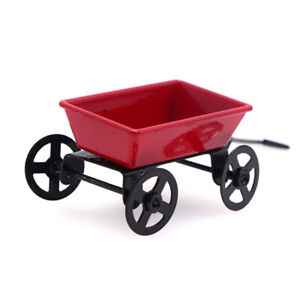 Metal Red Small Pulling Cart 1:12 Mini Cute Dollhouse Toy Gifts Ornament Garden