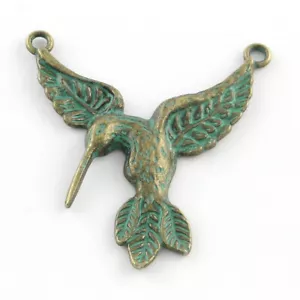 Large Hummingbird Pendant Antique Bronze Tone Verdigris Patina Aged 40mm Link - Picture 1 of 2