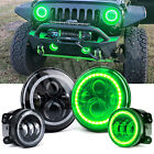 For 07-17 Jeep Wrangler JK Green Amber Halo 7'' LED Headlights + 4'' Fog Lights