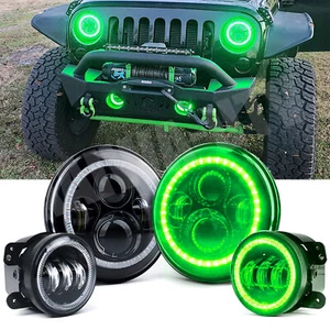 For 07-17 Jeep Wrangler JK Green Amber Halo 7'' LED Headlights + 4'' Fog Lights - Picture 1 of 11