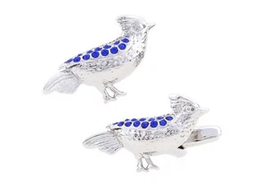 Gemelos Jay Birds Cristales Azules Puño Plateado Eslabones Eslabones Esmalte de Pájaro Pin - Imagen 1 de 5