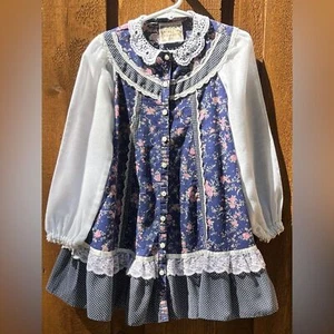 Gunne Sax Vintage 1970’s Little Girls Blue Calico Long Sleeve Dress Size 4 EUC - Picture 1 of 7