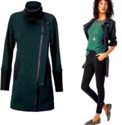 EUC CABI Renaissance stretch knit casual Coat green black vegan leather trim  S - Image 1 of 4