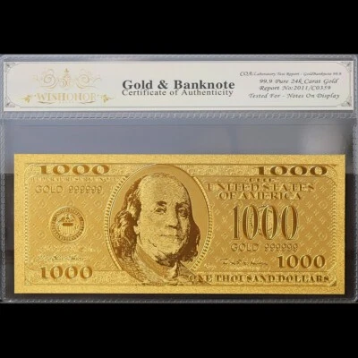 Gold $1000 One Thousand Dollars Fantasy Banknote Collectible with Bag & Certific - Image 1 of 2