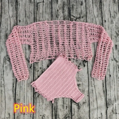 Sexy conjunto hueco de bikini de ganchillo hecho a mano manga larga parte superior corta cintura alta inferior  Foto 1 de 4