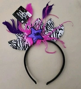 Fierce Fairy Fashion Headband Zebra Print Sequin Purple Star Feathers Plastic - Picture 1 of 5