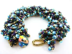 Seed Bead Swarovski Crystal BRACELET Artisan Handmade Turquoise Bronze Gold - Picture 1 of 1