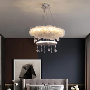 Double-Layer Feather LED Chandelier Pendant Light with Crystals UK Stock - Picture 1 of 7