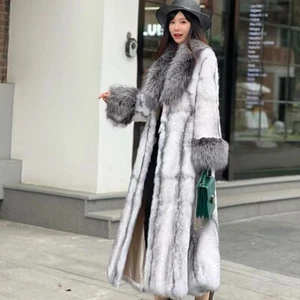 Frauen Echt Rex Kaninchen Pelz Mantel Fuchs Pelz Kragen Manschetten Chinchilla - Picture 1 of 16