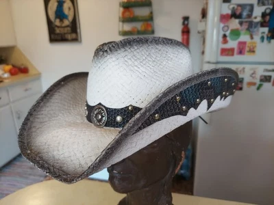 Western Express 白色棕褐色草编牛仔帽皮革 Concho Band S/M — 第 1/4 张图片