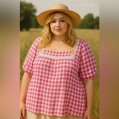 Woman Within Pink Checkered Blouse with Lace Detail — 第 1/4 张图片