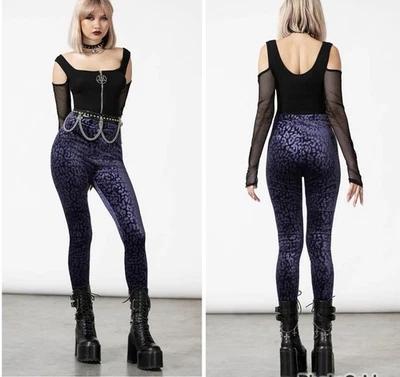 Killstar Caturday Leggings Size XL / 14 Plum Animal Print Stretch BNWT Gothic - image 1 of 4