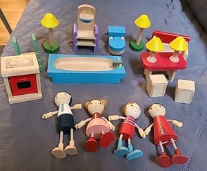 Tender Leaf 4er-köpfige Puppenfamilie aus Holz biegbar mit Möbeln 17 Teile - Bild 1 von 22