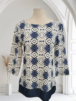 NUEVO Tommy Hilfiger Top Azul Marino Marfil Algodón Talla L Manga 3/4 Gasa Inferior Camisa Foto 1 de 4