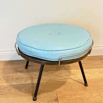 Vintage Mid Century Modern Turquoise Blue Round Leather Footstool 60s NEEDS WORK - Image 1 of 4
