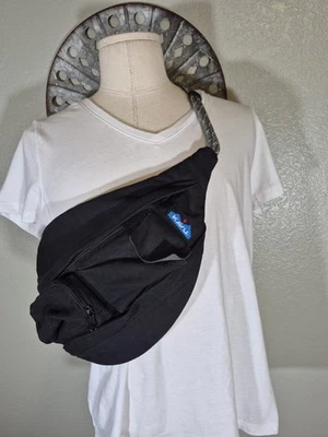 KAVU LARGE Rope Strap Sling Black Canvas Crossbody Bum Bag 17" - Image 1 of 4