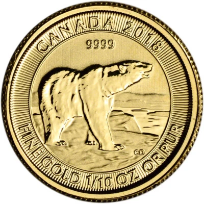 Canadá 2018 5 dólares oso polar 1/10 oz.  Moneda de oro fino .9999 Foto 1 de 2