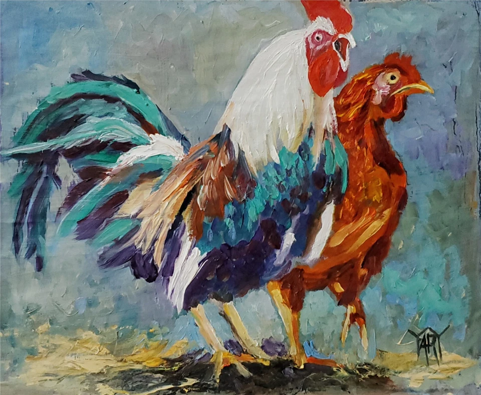 Оригинальная картина маслом петух курица птица скотный двор сельскохозяйственные животные YARY DLUHOS - Изображение 1 из 4