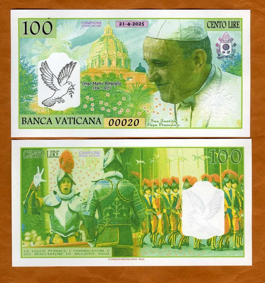 Vatican, 100 Lire, 21-4-2025 Private Issue Pope Francis Commemorative of passing - Image 1 of 1