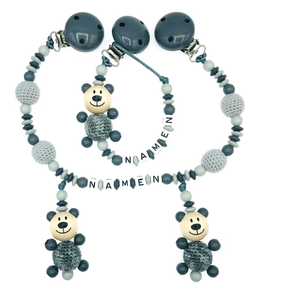 Set Schnuller- und Kinderwagenkette mit ihren Wunschnamen ❤️ 3D-BÄR ❤️ Unisex ❤️ - Bild 1 von 1