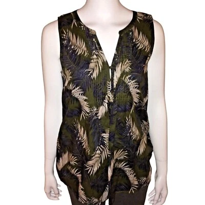 Camiseta sin mangas Caslon talla S pequeña para mujer Henley plisada verde floral Foto 1 de 4