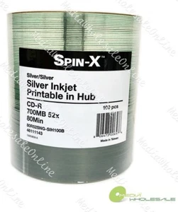 100 Spin-X CD-R 700MB 52x 80Min Silver Inkjet Printable in Hub Blank Media Disc - Picture 1 of 2