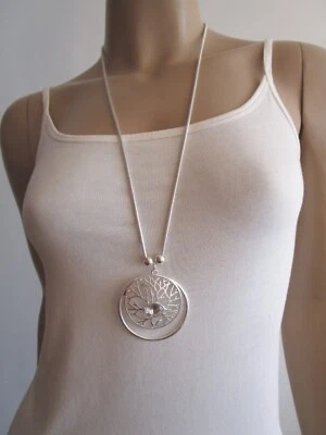 Damen Hals Kette lang Modekette Silber Anhänger Strass Statement Lagenlook üj943 - Bild 1 von 4