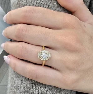IGI, 1.15CT F/VS Lab Grown Oval Diamond Halo Engagement Ring In 18K Yellow Gold - Picture 1 of 16