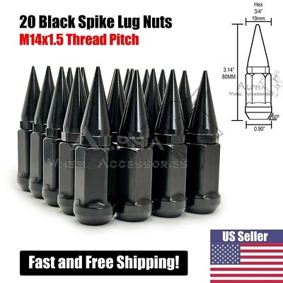 20 个黑色尖钉凸耳螺母 14X1.5 适用于雪佛兰科迈罗道奇挑战者充电器 Hellcat — 第 1/4 张图片