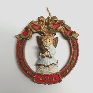 Vintage Resin Engel mit Teddybär Noel rund Weihnachtsschmuck rot grün gold - Bild 1 von 3