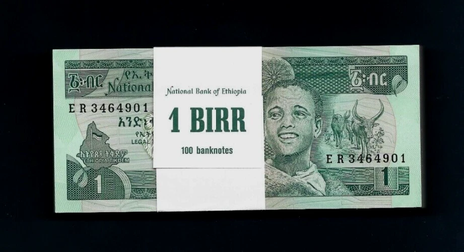 ETHIOPIA 1 BIRR P-41C 1969 1991 x 100 Pcs Lot BUNDLE BIRD COW DAM UNC MONEY NOTE - Image 1 of 4