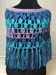Handmade Poncho Style Women’s Crochet Fringe Shawl ~ One Size ~ Blue Variegated - Picture 1 of 7