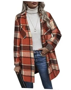 Womens Flannel Plaid Shacket Jacket Casual Lapel Button Down Small Orange - Picture 1 of 7