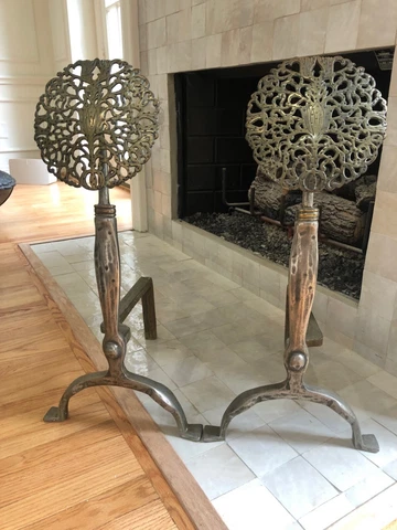 Antique Arts and Crafts Tulip Medallion Andirons in the style of Ernest Gibson Cover