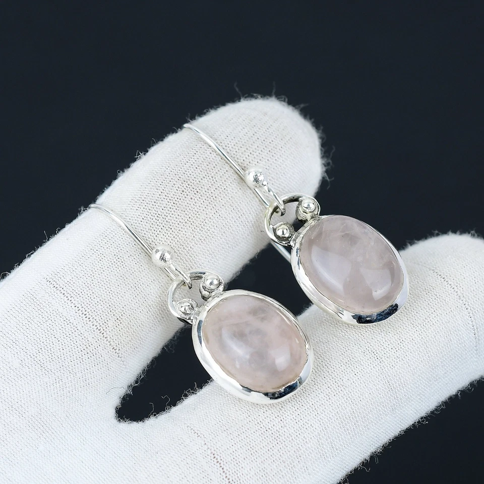 Orecchini In Argento Sterling 925 Fatti A Mano In Quarzo Rosa Per Donne - Immagine 1 di 4