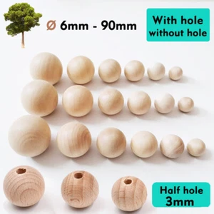 Wooden Balls Natural Craft Wood Ball Sphere Round 6~90mm With hole/without hole - Picture 1 of 15