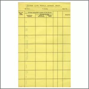 The Cavern Club 1965 Weekly Booking Sheet (UK) - Picture 1 of 2