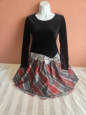 Bonnie Jean Girls Black Velvet Silver Bow Red Black Plaid Holiday Dress Size 16 - Image 1 of 4