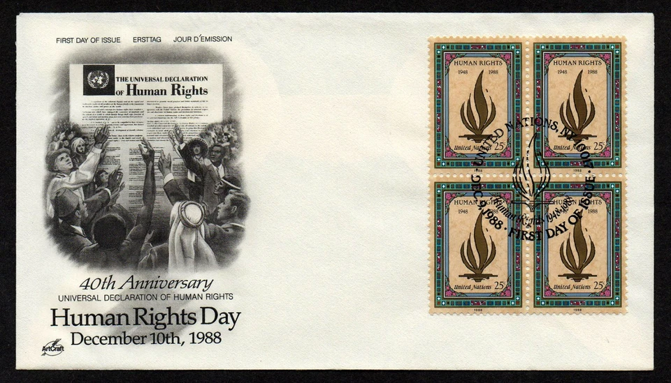 NACIONES UNIDAS NUEVA YORK, SCOTT # 544, PORTADA ARTCRAFT FDC - DÍA DE LOS DERECHOS HUMANOS 1988 Foto 1 de 1