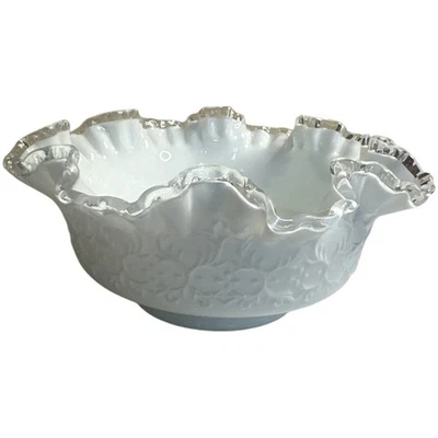 "Cuenco de vidrio de leche con cresta de plata Fenton vintage con volantes encaje español 9,25""" Foto 1 de 4