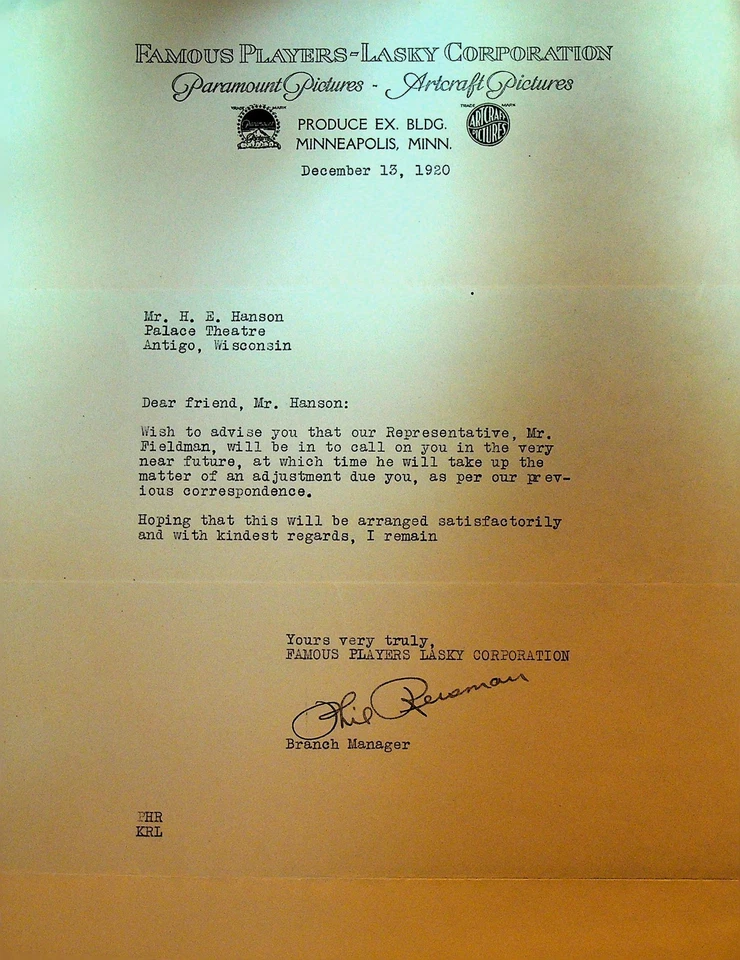 Giocatori famosi Lasky carta intestata 13 dicembre 1920 Palazzo Teatro Antigo Wi - Immagine 1 di 1