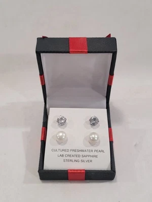Lab Created White Sapphire and Cultured Freshwater Pearl 2 Pair Earrings Studs - Image 1 of 4