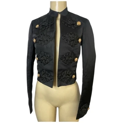 Black Satin Blazer Military Details and Gold Buttons Knit Embroidery Open Front - Image 1 of 4